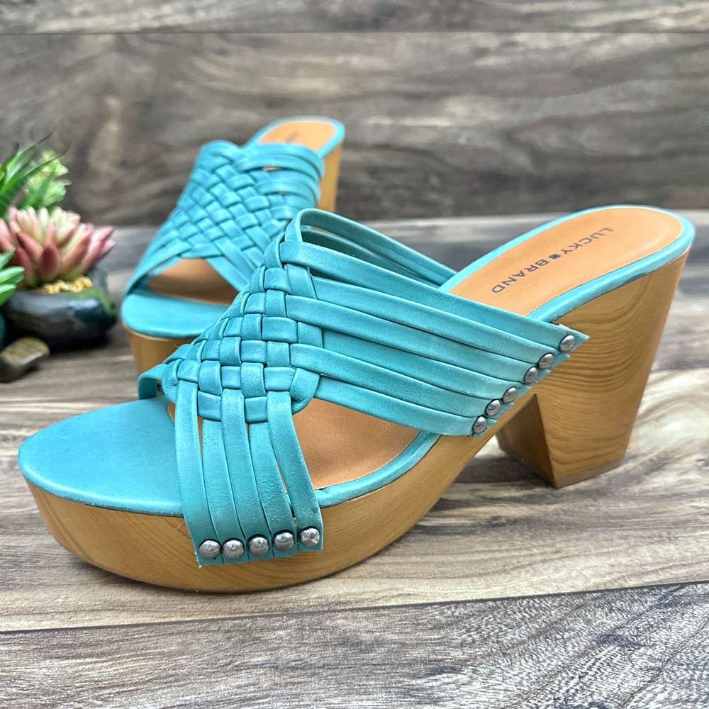 NIB Lucky Brand Tellimi 8.5M Platform Wedge Woven Leather Studded Sandals Blue - Picture 3 of 10